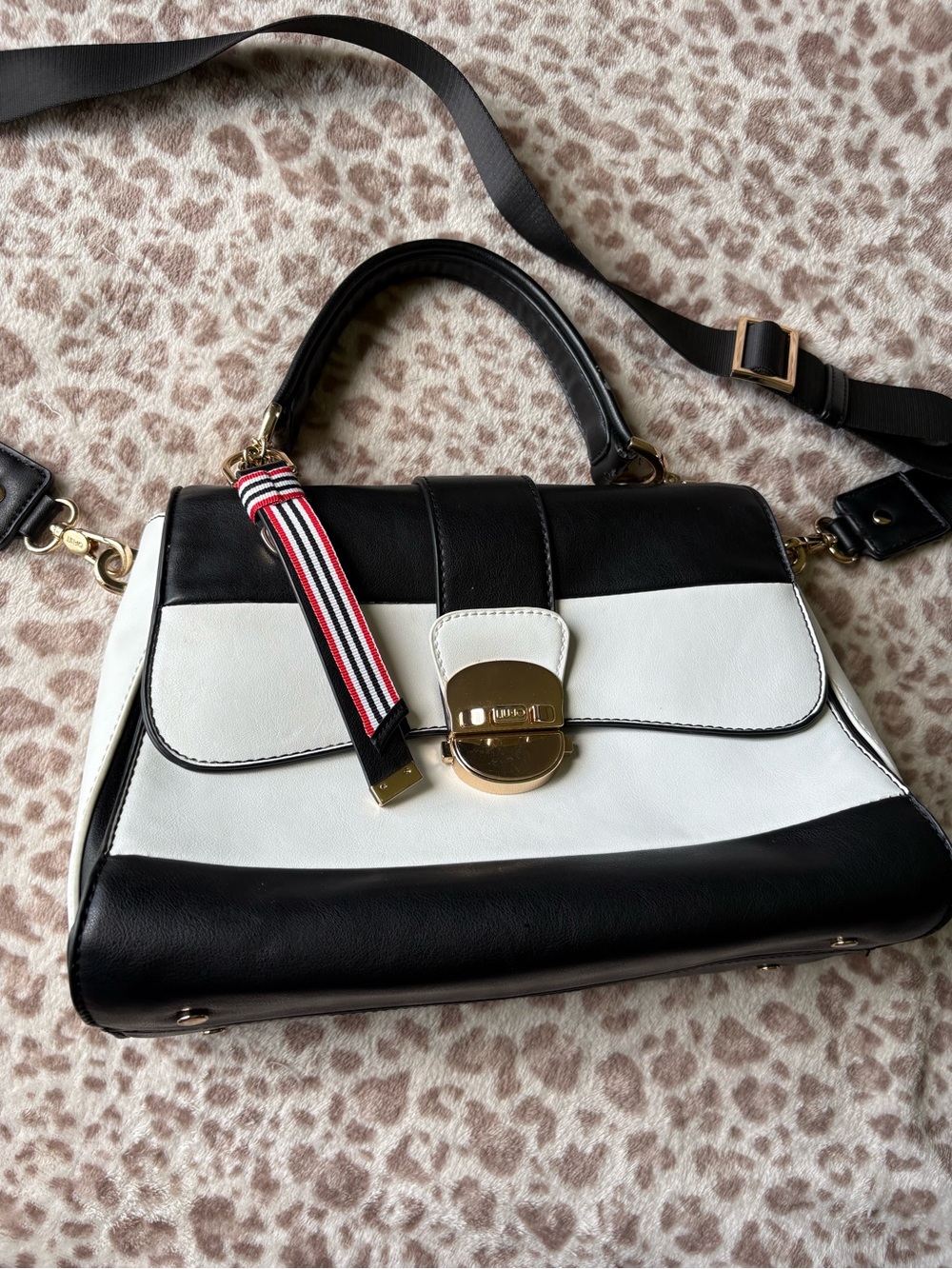 Liu jo Black and White Structured Satchel Handbag with Gold Hardware